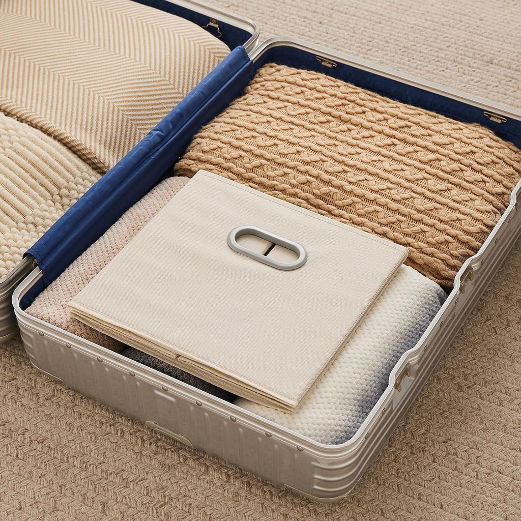 6 Pack Foldable Fabric Storage Bins with Handles - Ideal for Closet Organization, Bedroom and Nursery（ Beige, 12"X12"X12"）
