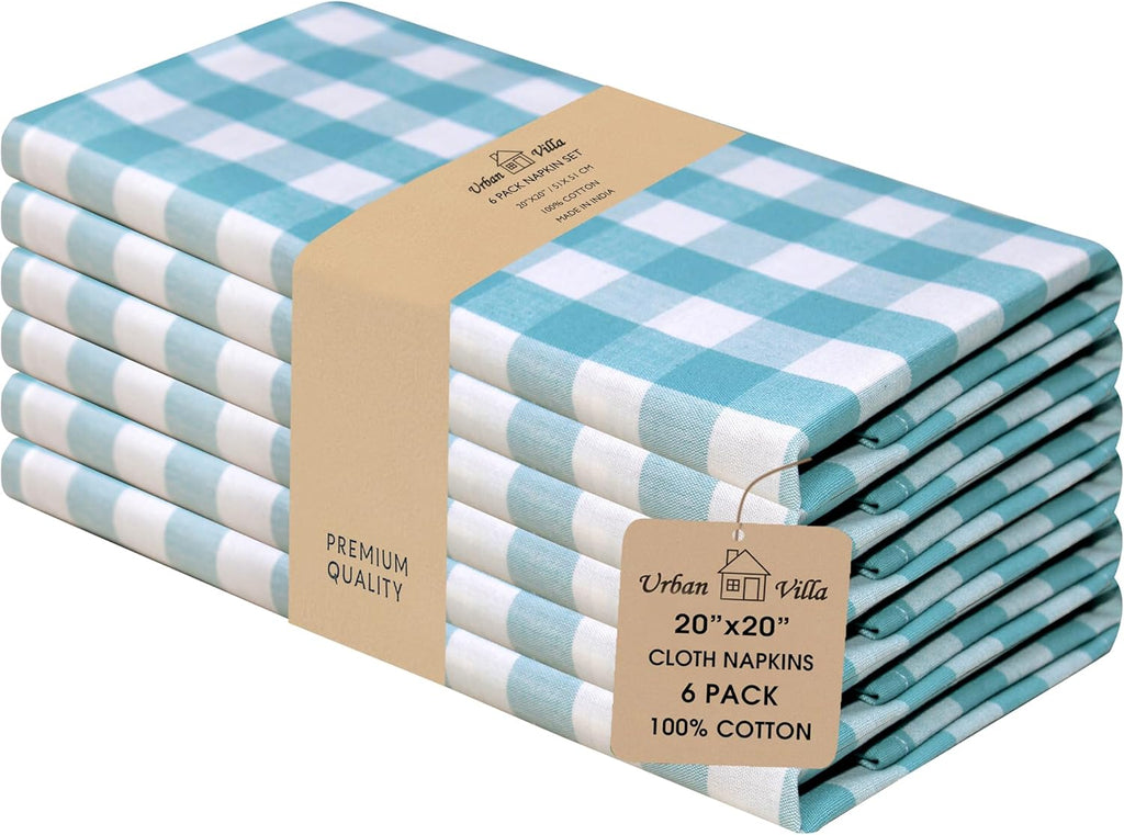 Cotton Dinner Napkins Set of 6, Highly Absorbent 20X20 Inches Premium Cloth Napkins Hotel Quality Reusable & Washable Table Dinner Napkins for Home & Weddings - Aqua/White, Checks