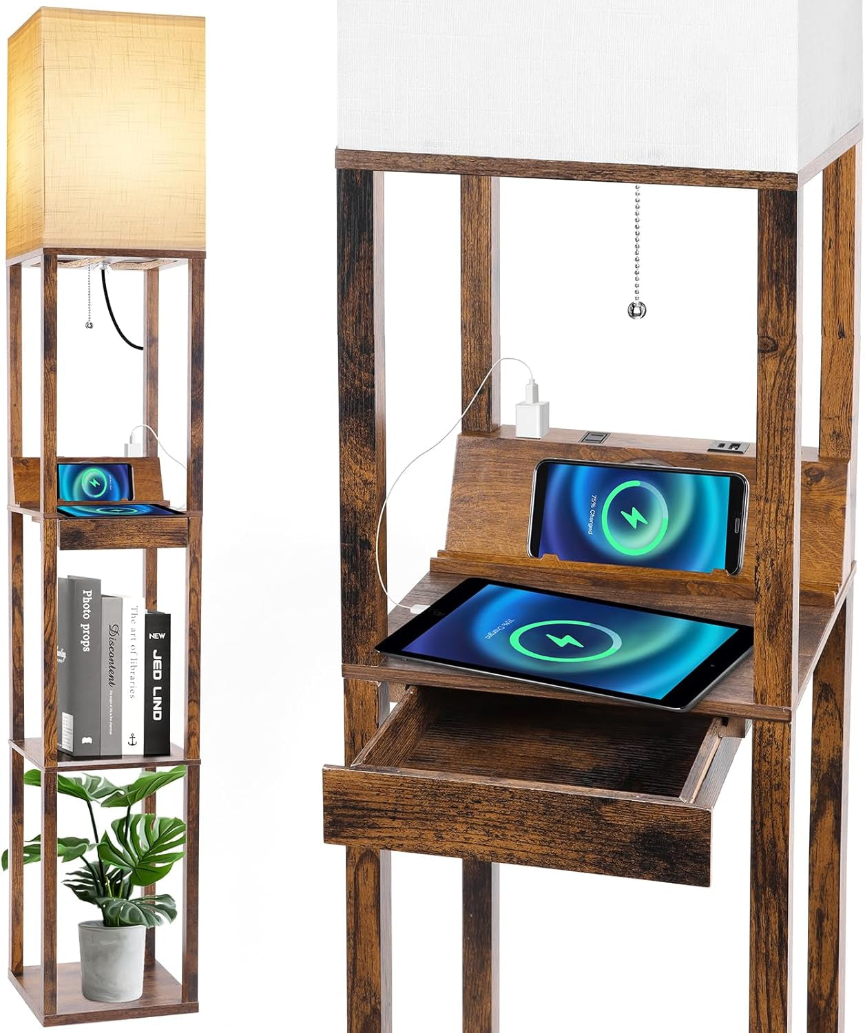 Floor Lamp with Shelves, Shelf Floor Lamp with Wireless Charger & 2 Charging USB Ports & Drawer, AC Outlet, 3 Color Temperature Tall Standing Lamp with Bulb for Living Room, Bedroom, Office