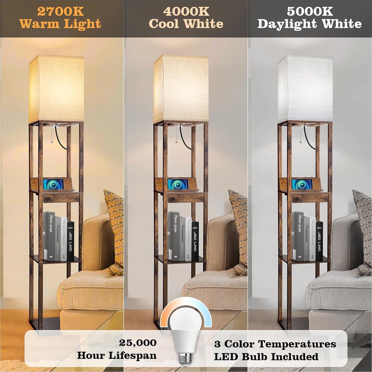 Floor Lamp with Shelves, Shelf Floor Lamp with Wireless Charger & 2 Charging USB Ports & Drawer, AC Outlet, 3 Color Temperature Tall Standing Lamp with Bulb for Living Room, Bedroom, Office