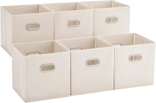 6 Pack Foldable Fabric Storage Bins with Handles - Ideal for Closet Organization, Bedroom and Nursery（ Beige, 12"X12"X12"）