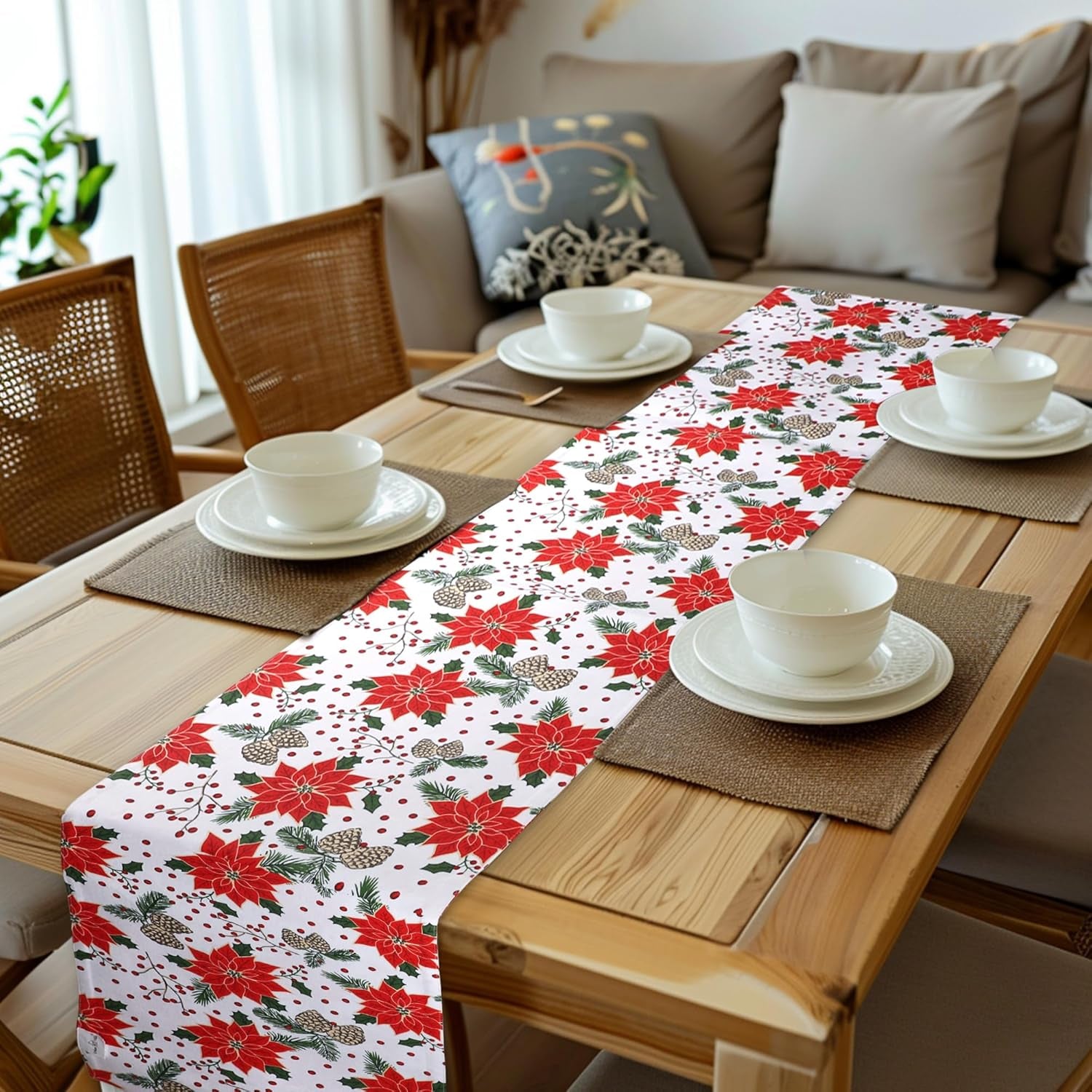 Pine Cone Print 100% Cotton Fused Table Runner 14''X72'' over Sized Christmas Color Table Runner Heavier Quality