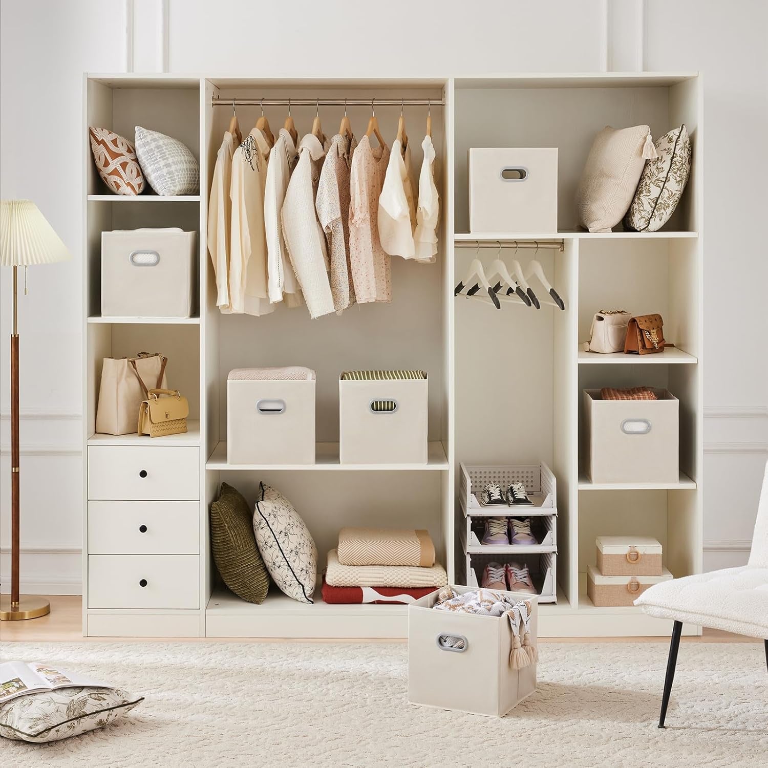 6 Pack Foldable Fabric Storage Bins with Handles - Ideal for Closet Organization, Bedroom and Nursery（ Beige, 12"X12"X12"）