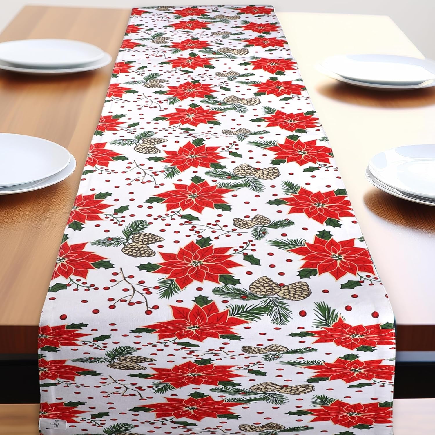 Pine Cone Print 100% Cotton Fused Table Runner 14''X72'' over Sized Christmas Color Table Runner Heavier Quality