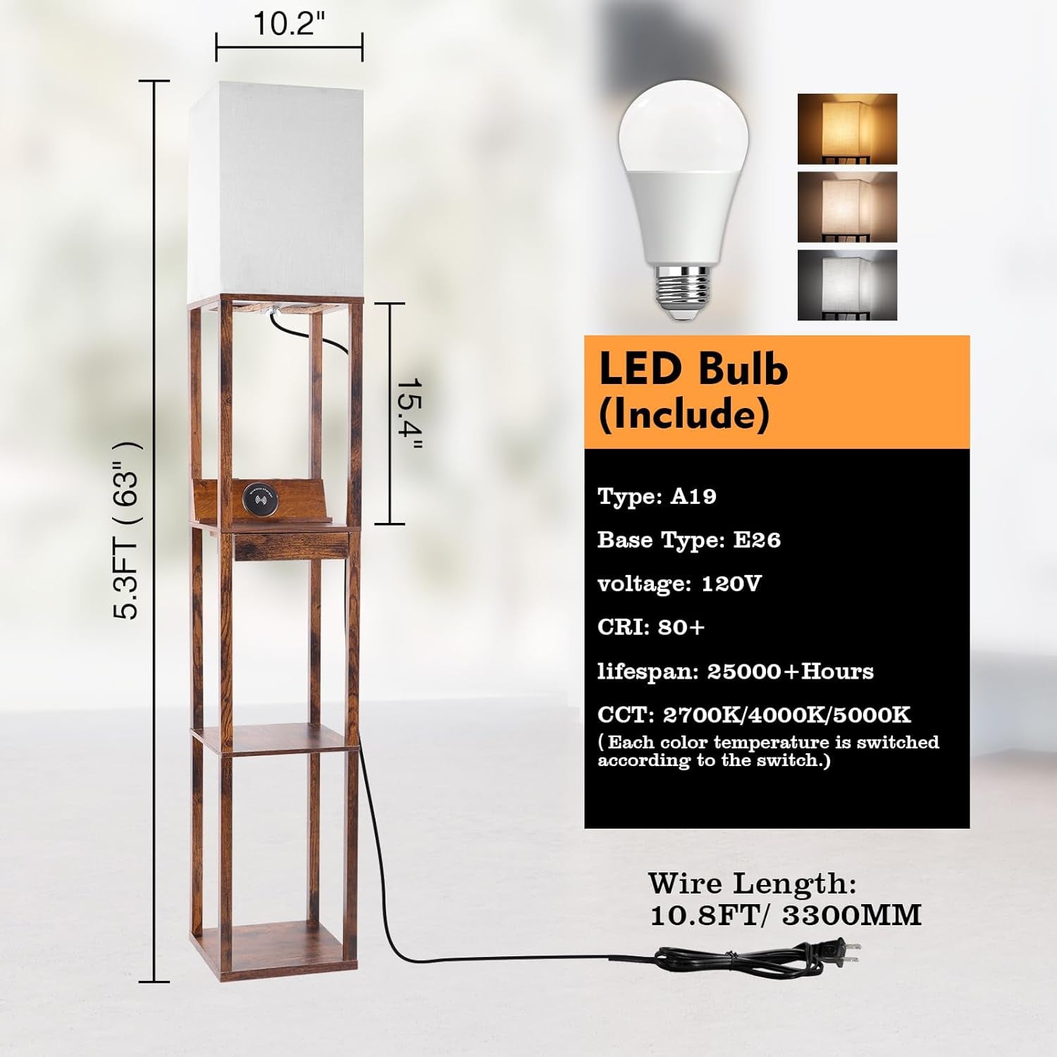 Floor Lamp with Shelves, Shelf Floor Lamp with Wireless Charger & 2 Charging USB Ports & Drawer, AC Outlet, 3 Color Temperature Tall Standing Lamp with Bulb for Living Room, Bedroom, Office