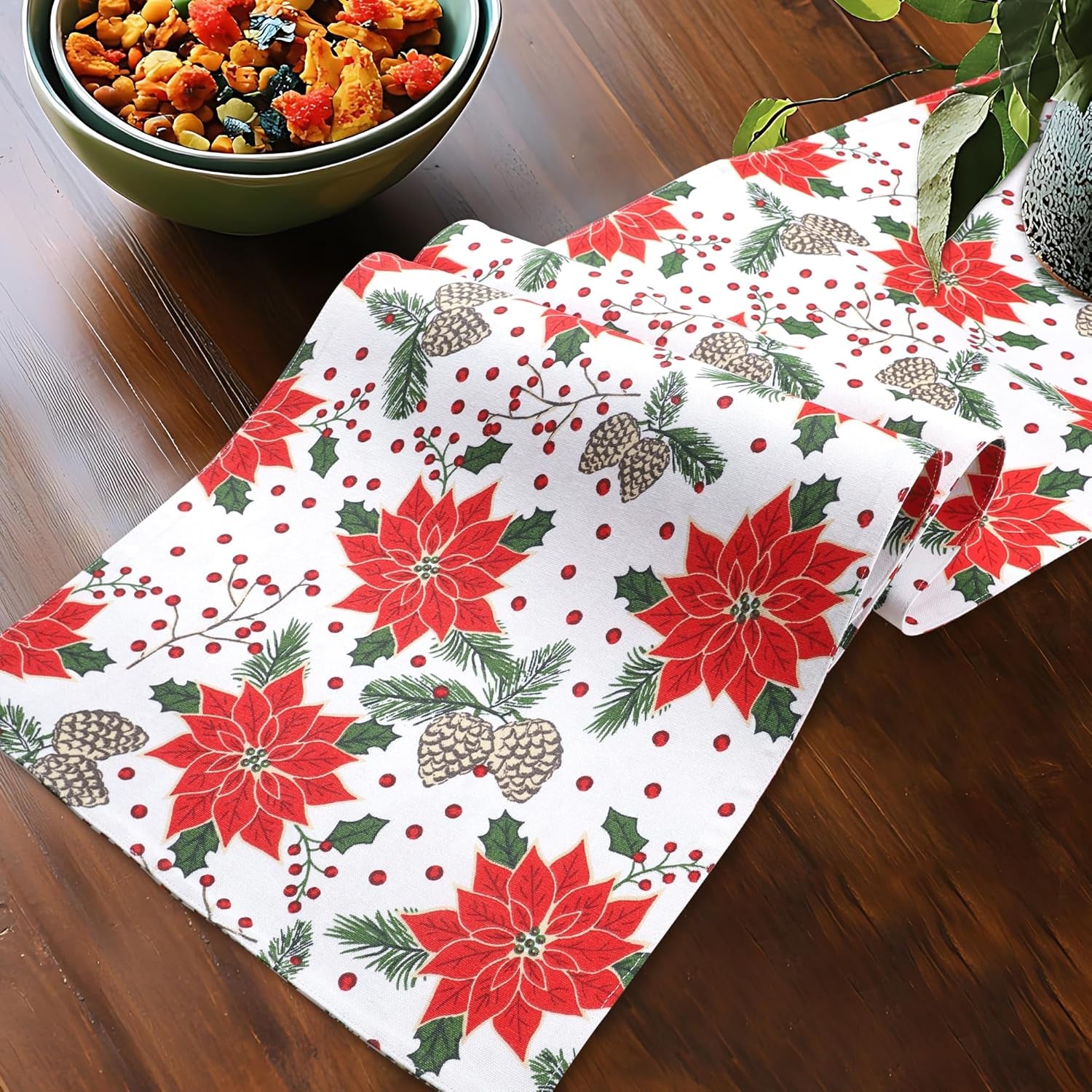 Pine Cone Print 100% Cotton Fused Table Runner 14''X72'' over Sized Christmas Color Table Runner Heavier Quality