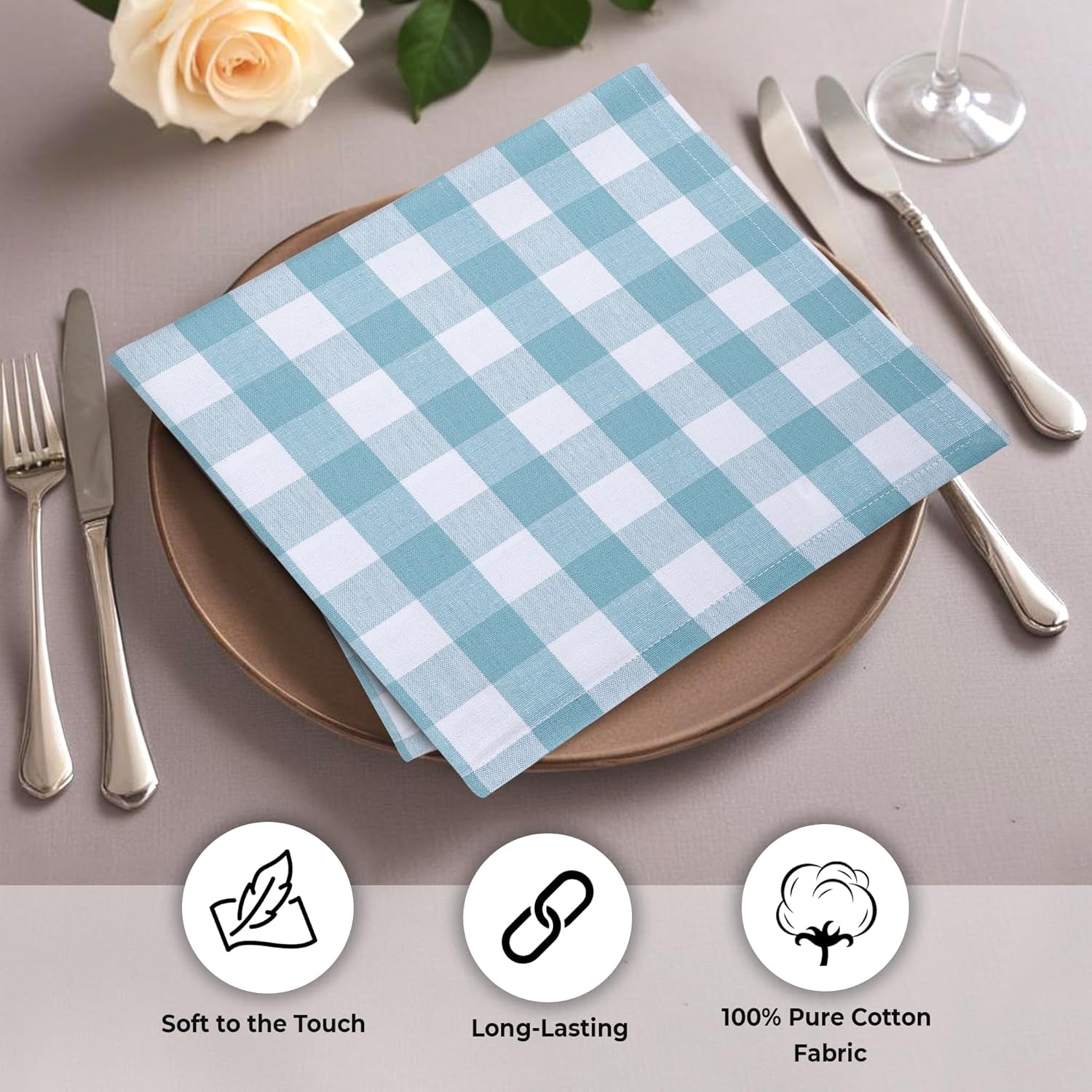 Cotton Dinner Napkins Set of 6, Highly Absorbent 20X20 Inches Premium Cloth Napkins Hotel Quality Reusable & Washable Table Dinner Napkins for Home & Weddings - Aqua/White, Checks