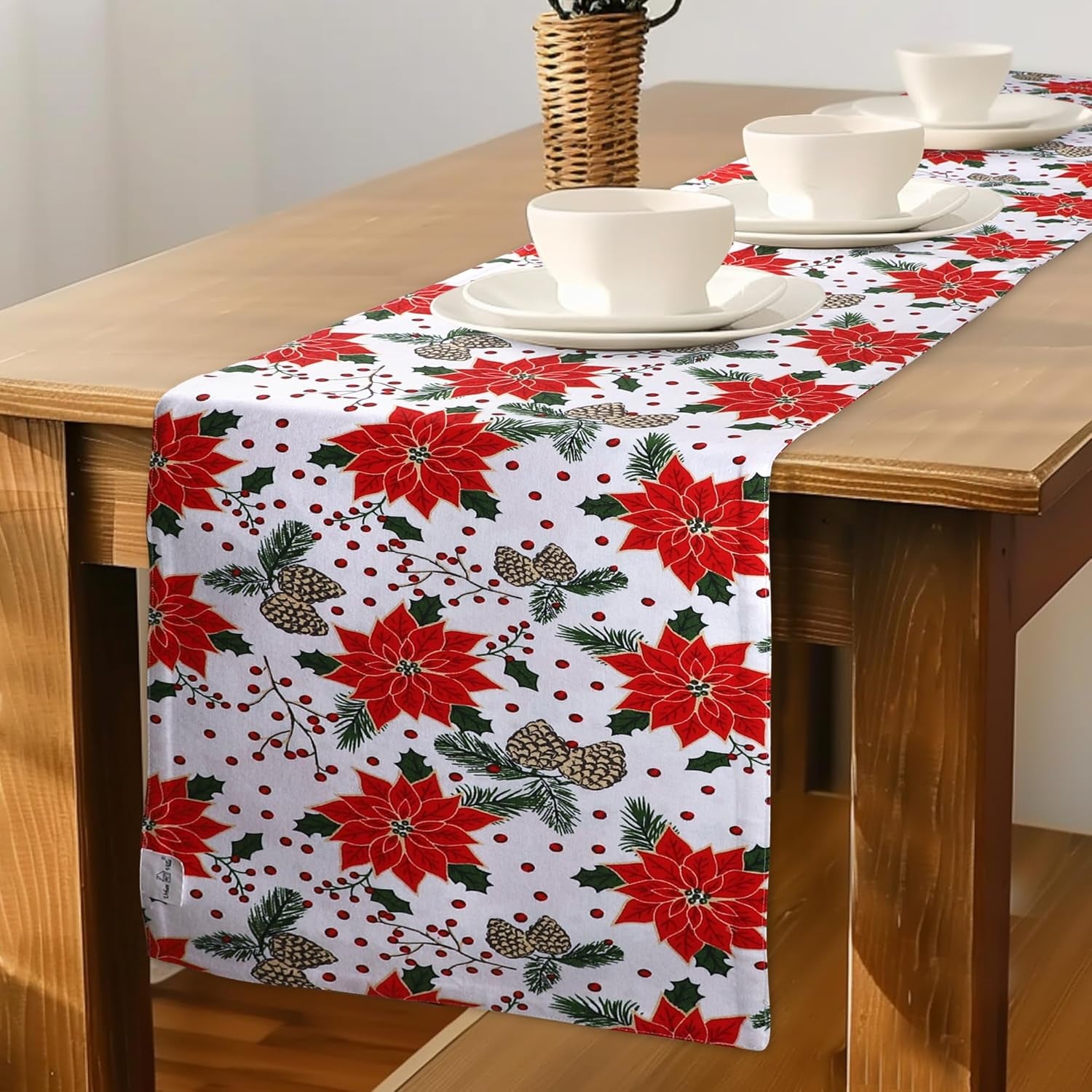 Pine Cone Print 100% Cotton Fused Table Runner 14''X72'' over Sized Christmas Color Table Runner Heavier Quality