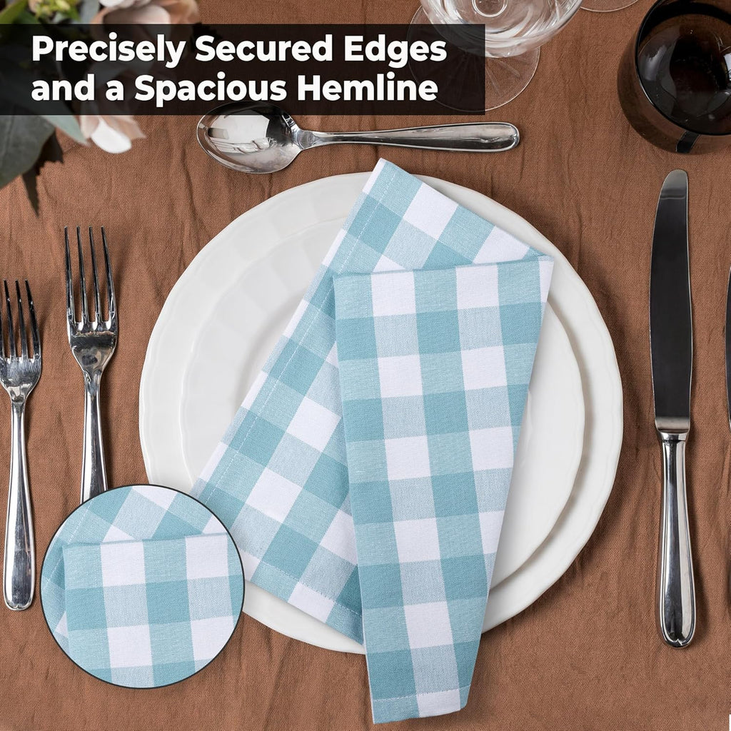 Cotton Dinner Napkins Set of 6, Highly Absorbent 20X20 Inches Premium Cloth Napkins Hotel Quality Reusable & Washable Table Dinner Napkins for Home & Weddings - Aqua/White, Checks