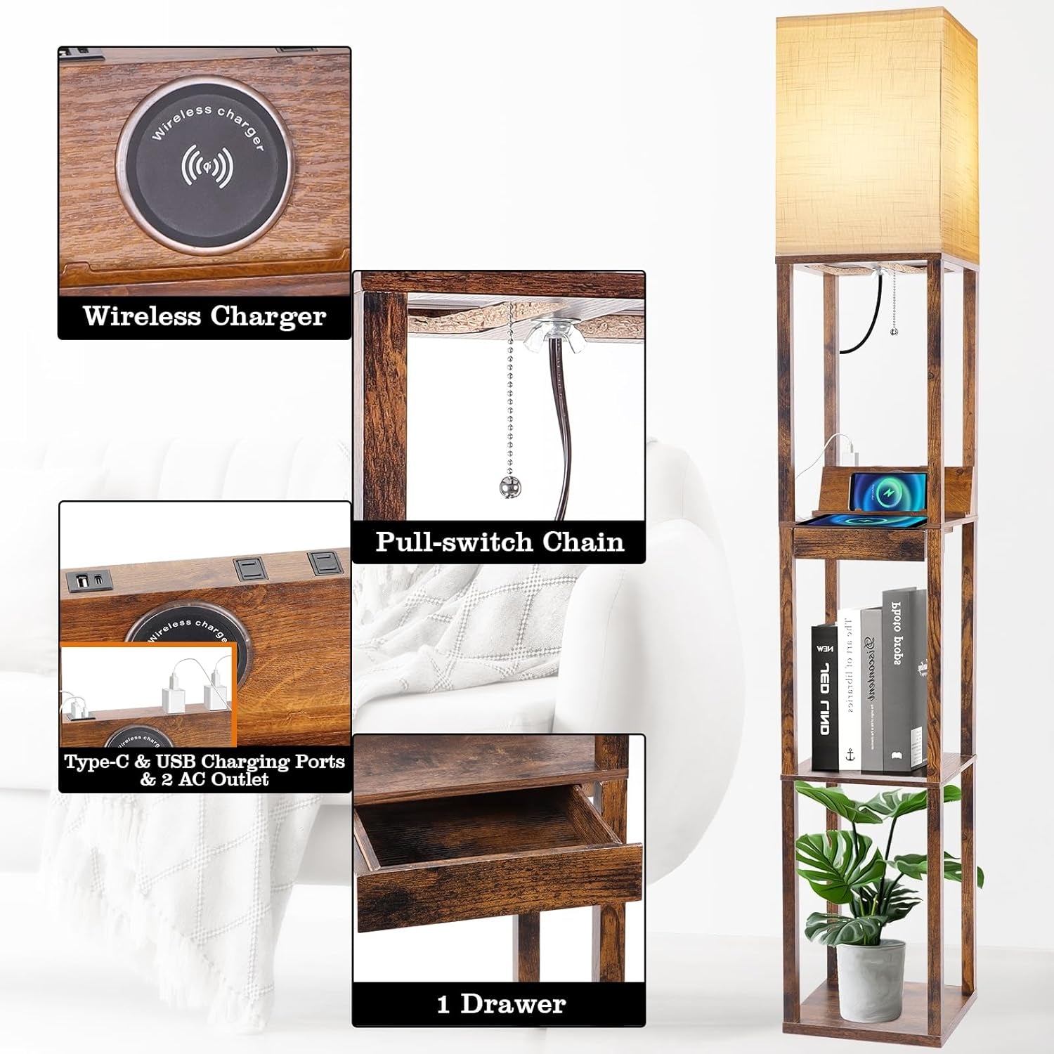 Floor Lamp with Shelves, Shelf Floor Lamp with Wireless Charger & 2 Charging USB Ports & Drawer, AC Outlet, 3 Color Temperature Tall Standing Lamp with Bulb for Living Room, Bedroom, Office