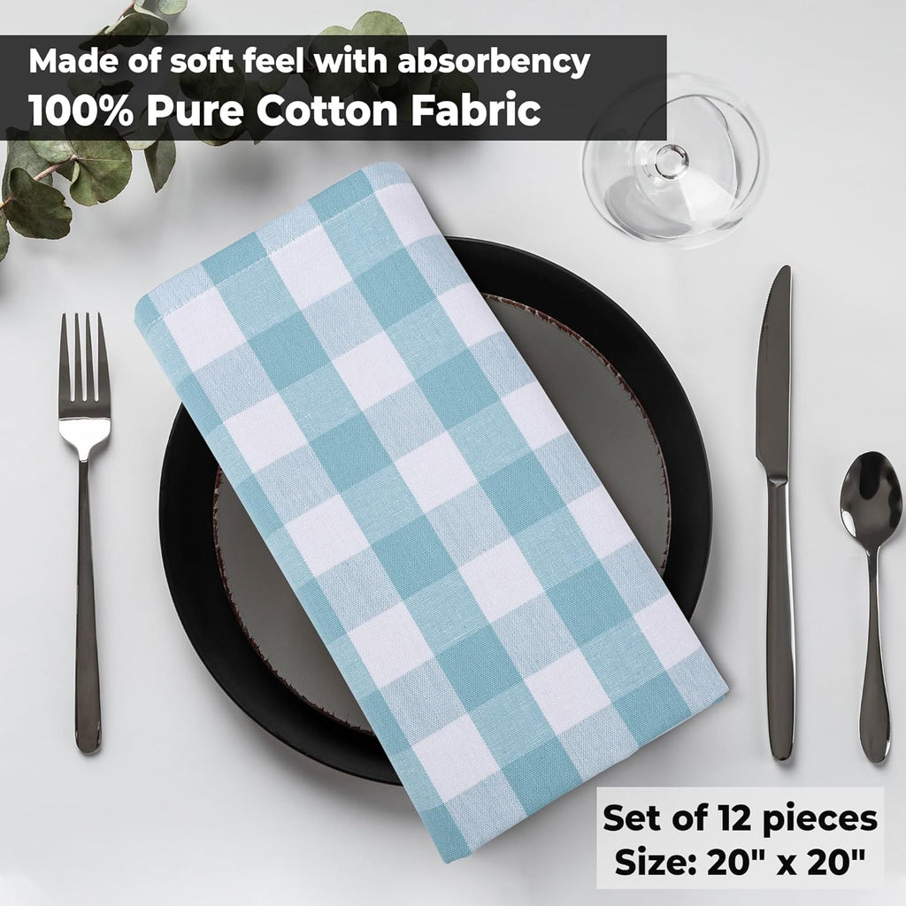 Cotton Dinner Napkins Set of 6, Highly Absorbent 20X20 Inches Premium Cloth Napkins Hotel Quality Reusable & Washable Table Dinner Napkins for Home & Weddings - Aqua/White, Checks