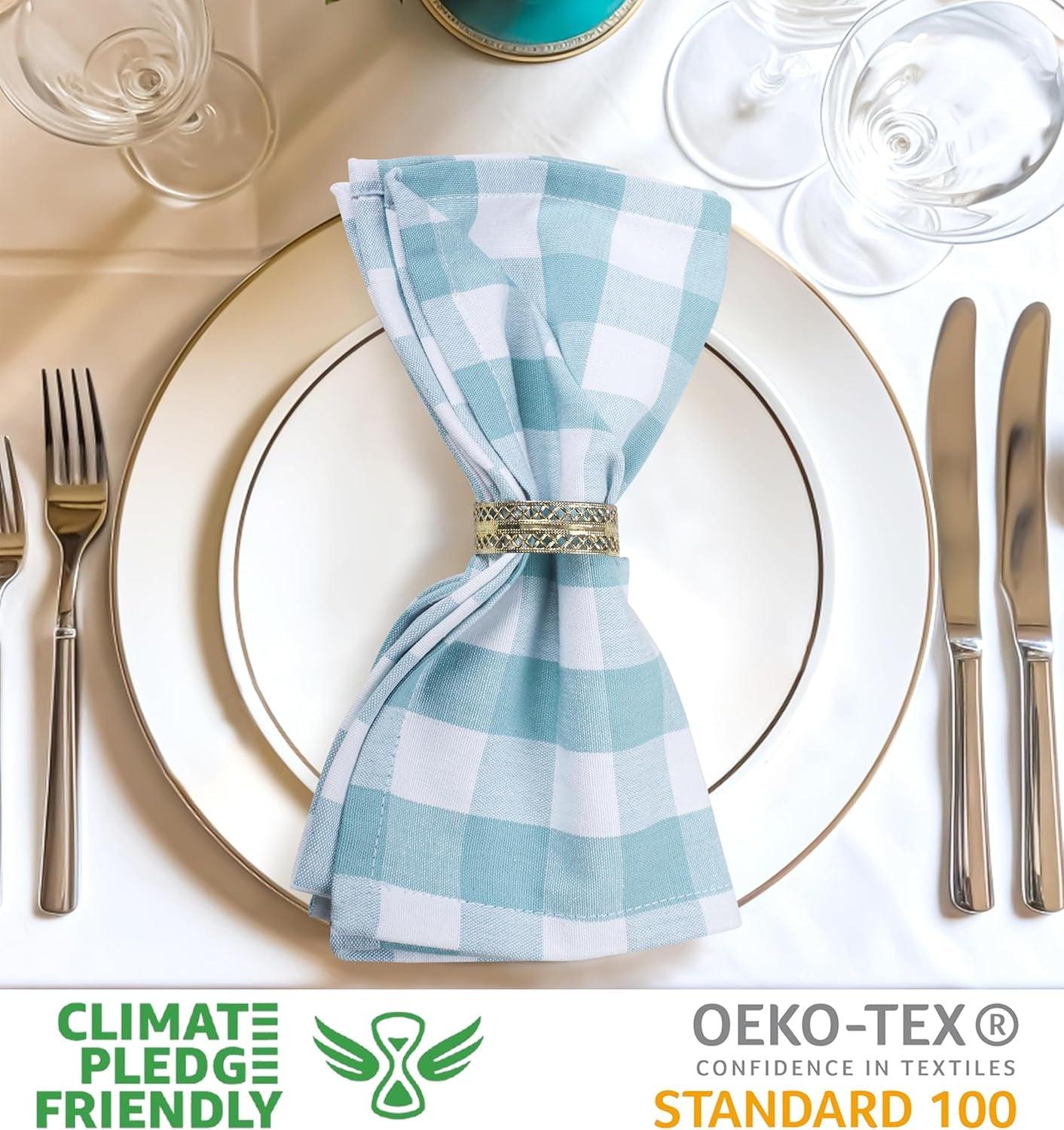 Cotton Dinner Napkins Set of 6, Highly Absorbent 20X20 Inches Premium Cloth Napkins Hotel Quality Reusable & Washable Table Dinner Napkins for Home & Weddings - Aqua/White, Checks