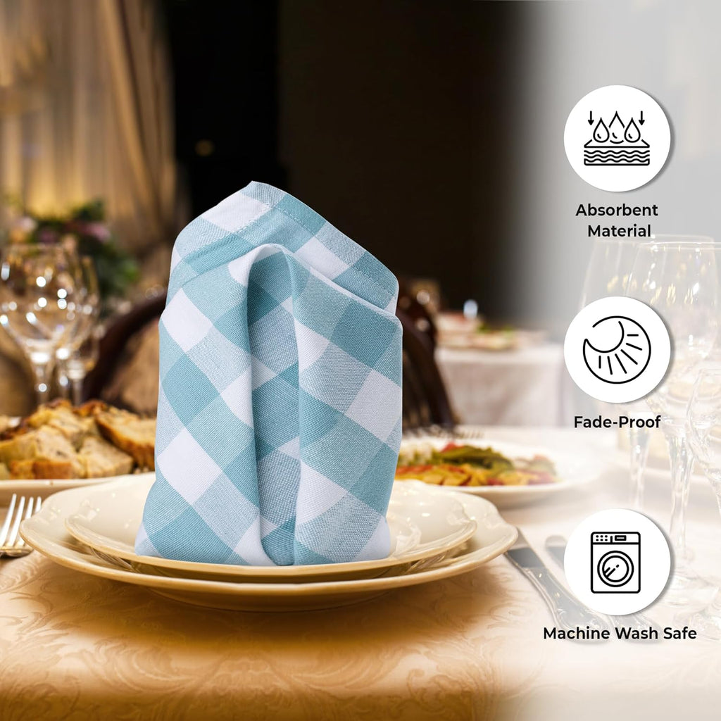 Cotton Dinner Napkins Set of 6, Highly Absorbent 20X20 Inches Premium Cloth Napkins Hotel Quality Reusable & Washable Table Dinner Napkins for Home & Weddings - Aqua/White, Checks