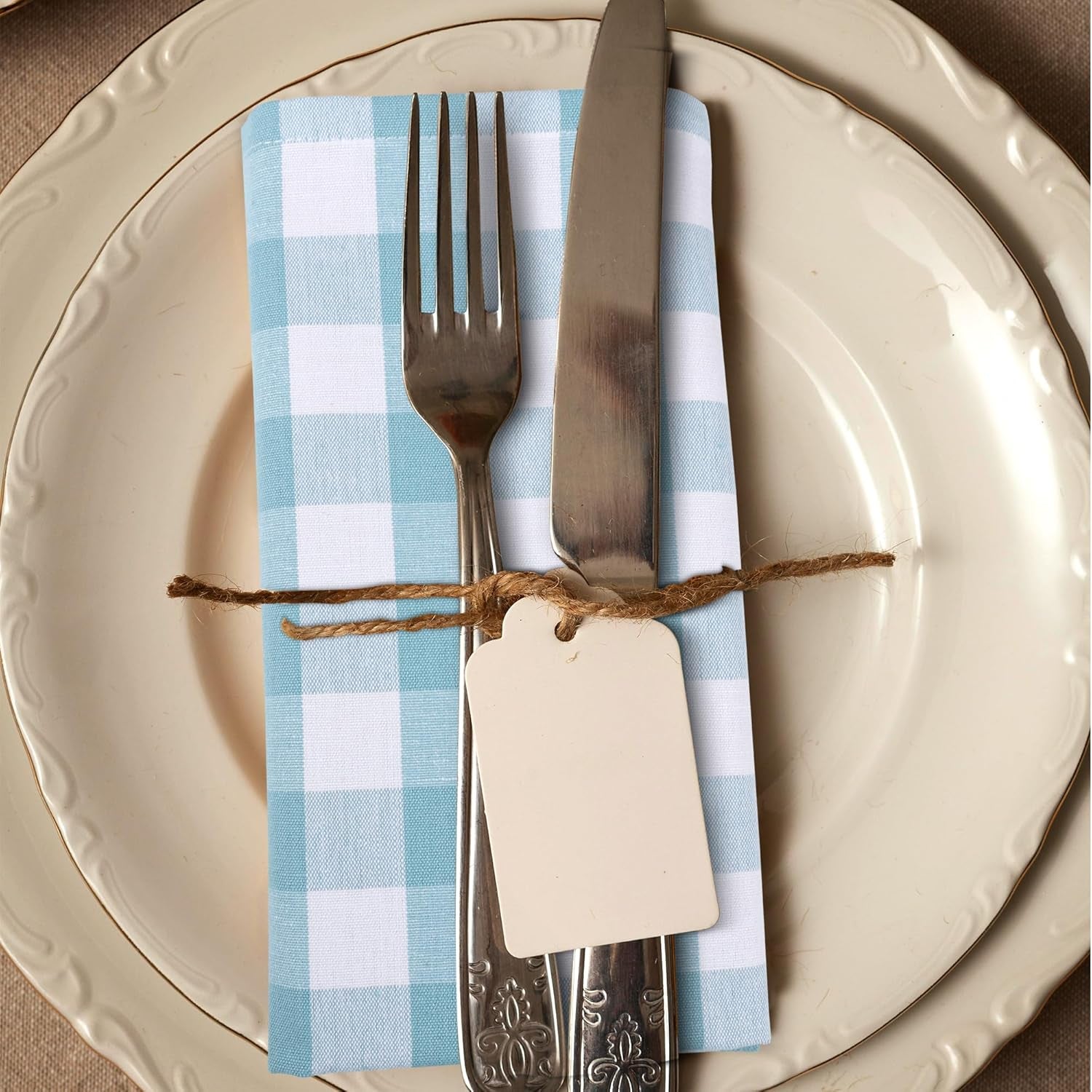 Cotton Dinner Napkins Set of 6, Highly Absorbent 20X20 Inches Premium Cloth Napkins Hotel Quality Reusable & Washable Table Dinner Napkins for Home & Weddings - Aqua/White, Checks
