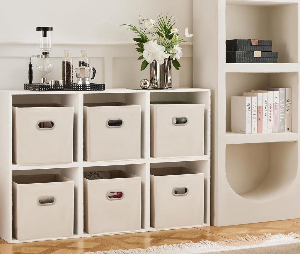 6 Pack Foldable Fabric Storage Bins with Handles - Ideal for Closet Organization, Bedroom and Nursery（ Beige, 12"X12"X12"）