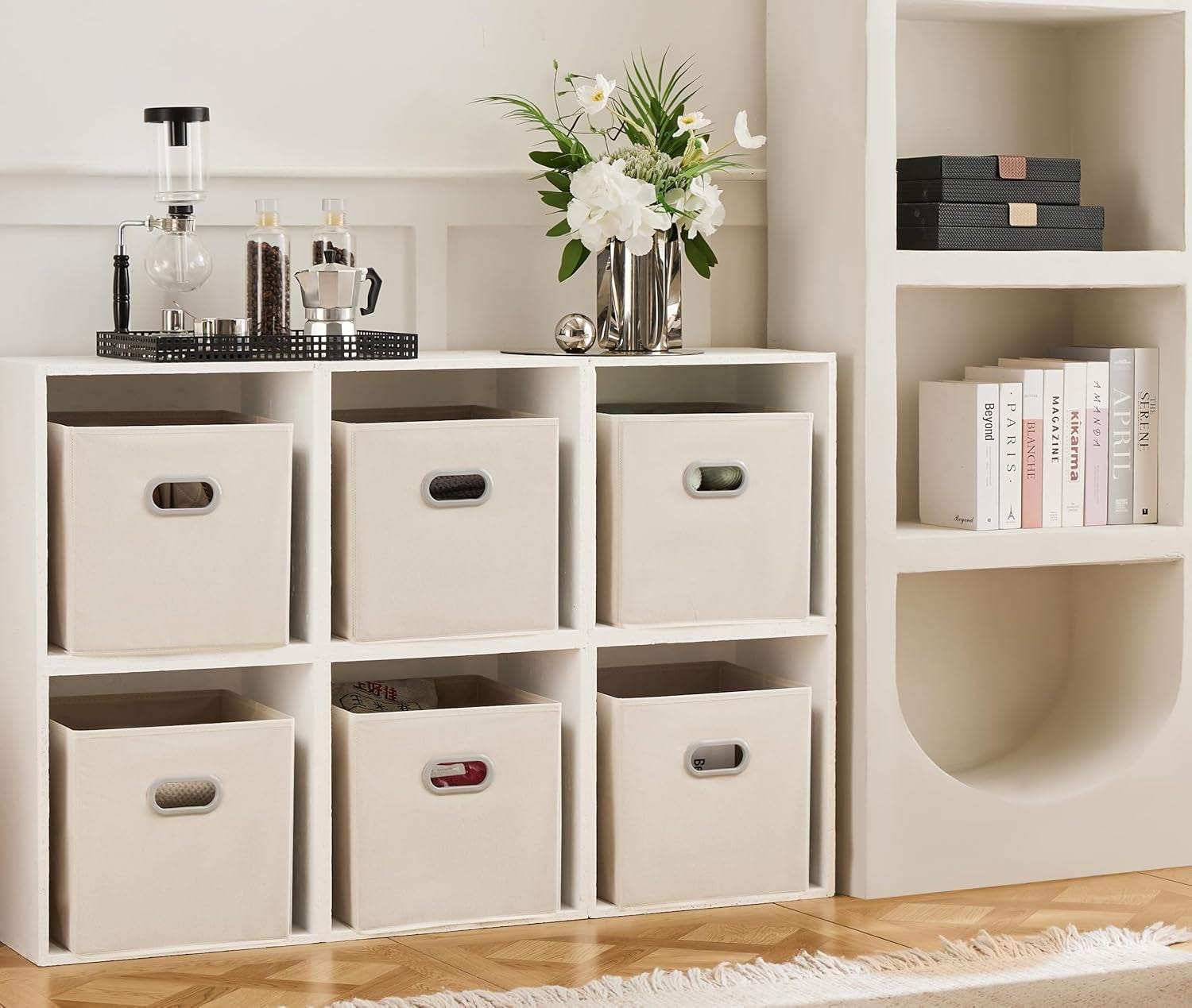 6 Pack Foldable Fabric Storage Bins with Handles - Ideal for Closet Organization, Bedroom and Nursery（ Beige, 12"X12"X12"）