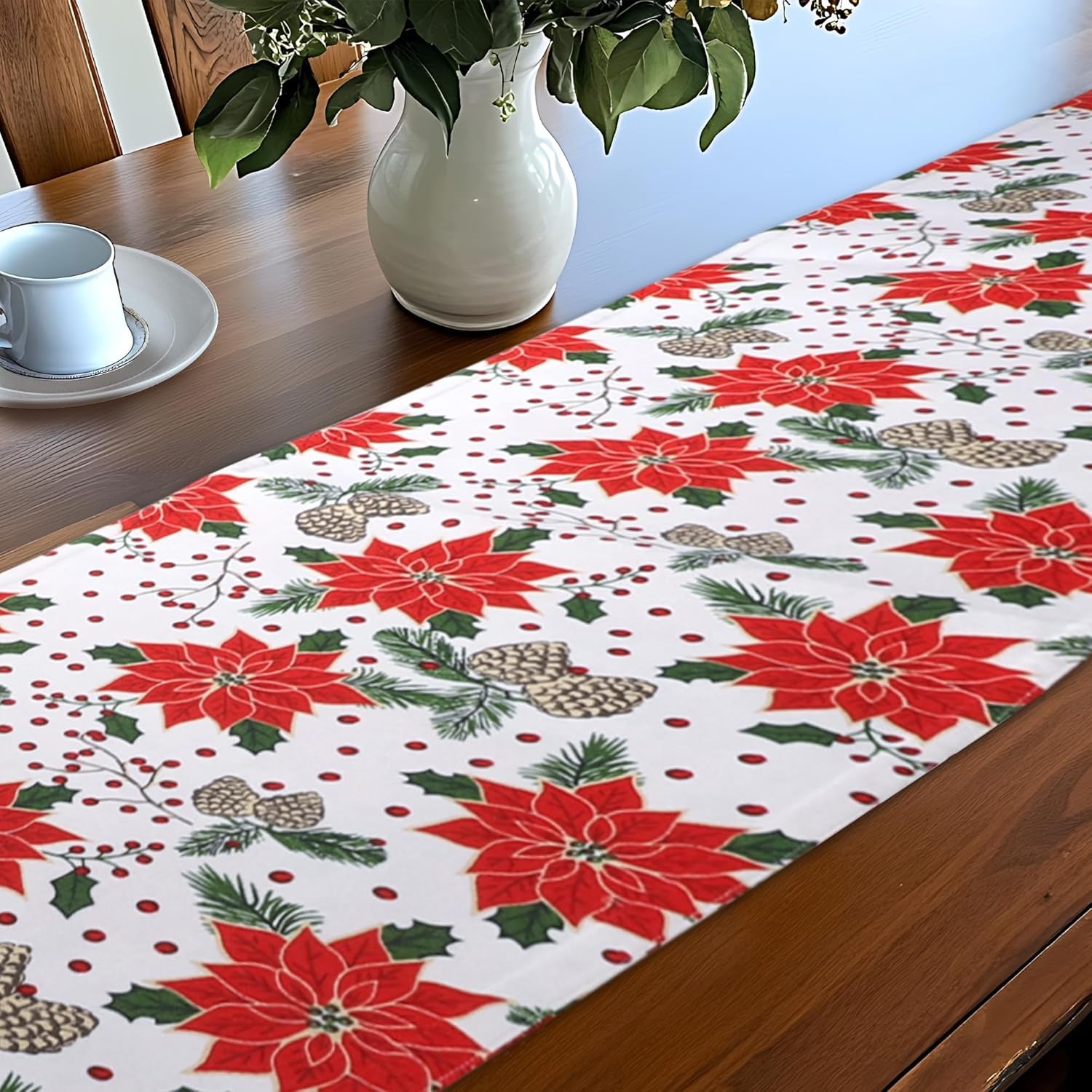 Pine Cone Print 100% Cotton Fused Table Runner 14''X72'' over Sized Christmas Color Table Runner Heavier Quality