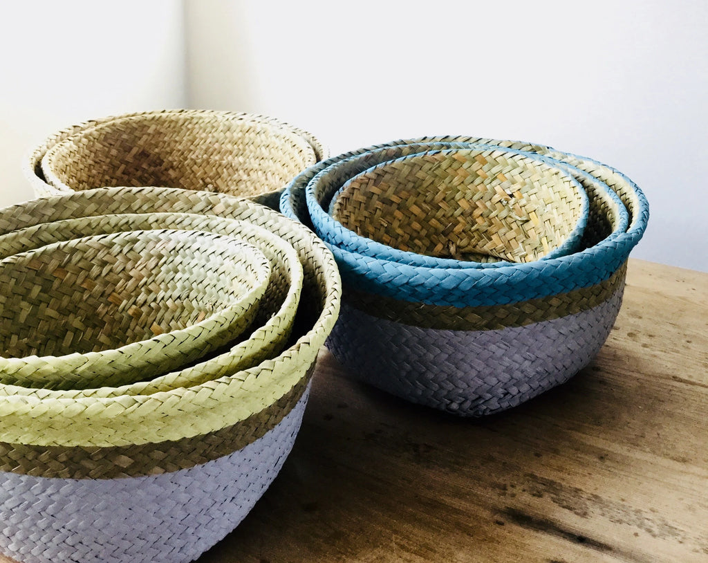 Grey and Yellow Collapsible Toy and Household Seagrass Storage Baskets Set of Three