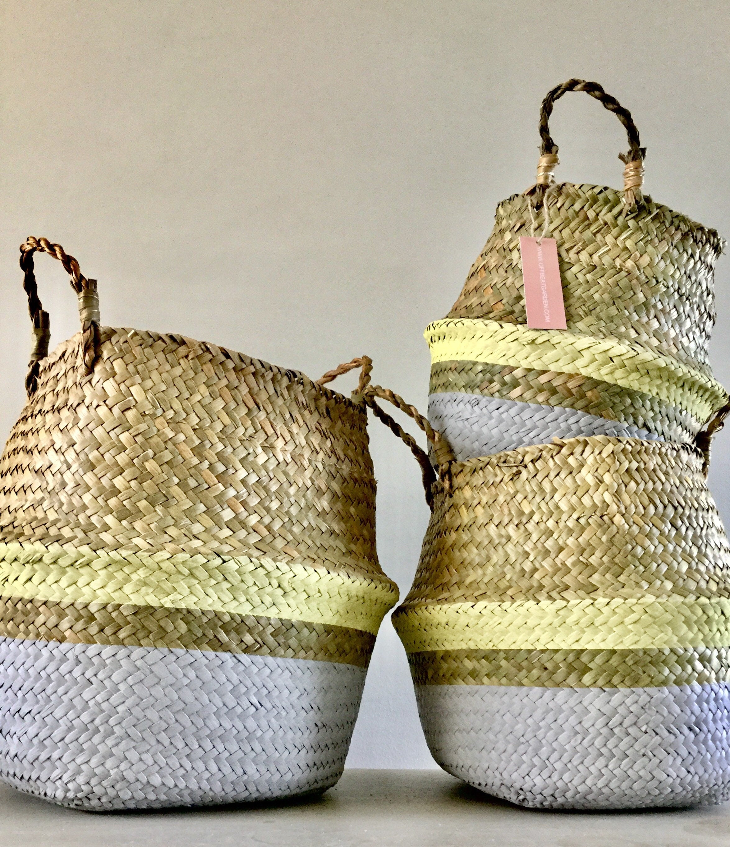 Grey and Yellow Collapsible Toy and Household Seagrass Storage Baskets Set of Three