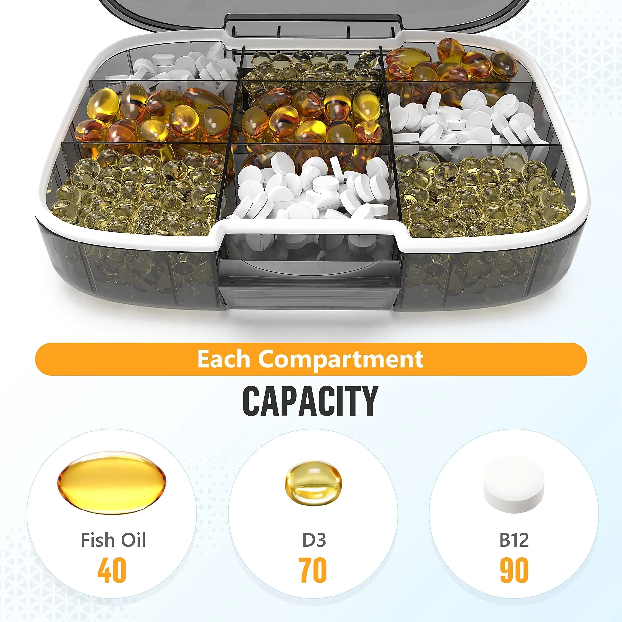 Extra Large Pill Organizer Medicine Case Black Pill Box Adjustable Compartment
